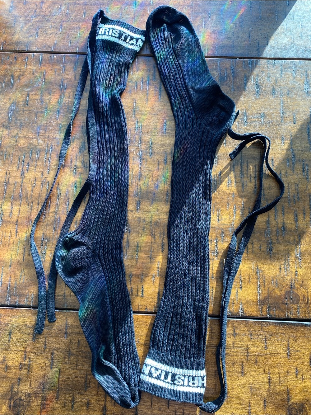 Dior Runway Black Ribbed Knee-High Socks with Branded Cuff And Long Ties